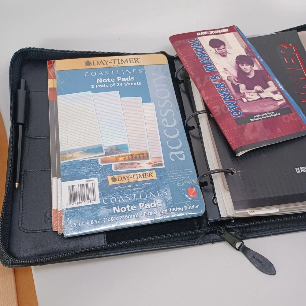 Day Runner Genuine Black‎ Leather Zip Around Organizer Binder Planner Business